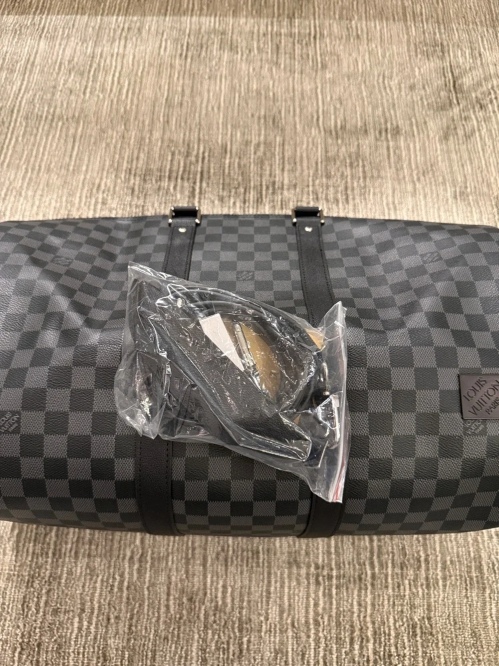 Black Damier Graphite Carryall Duffle with Monogram Accents and leather bracelet - Picture 4 of 4